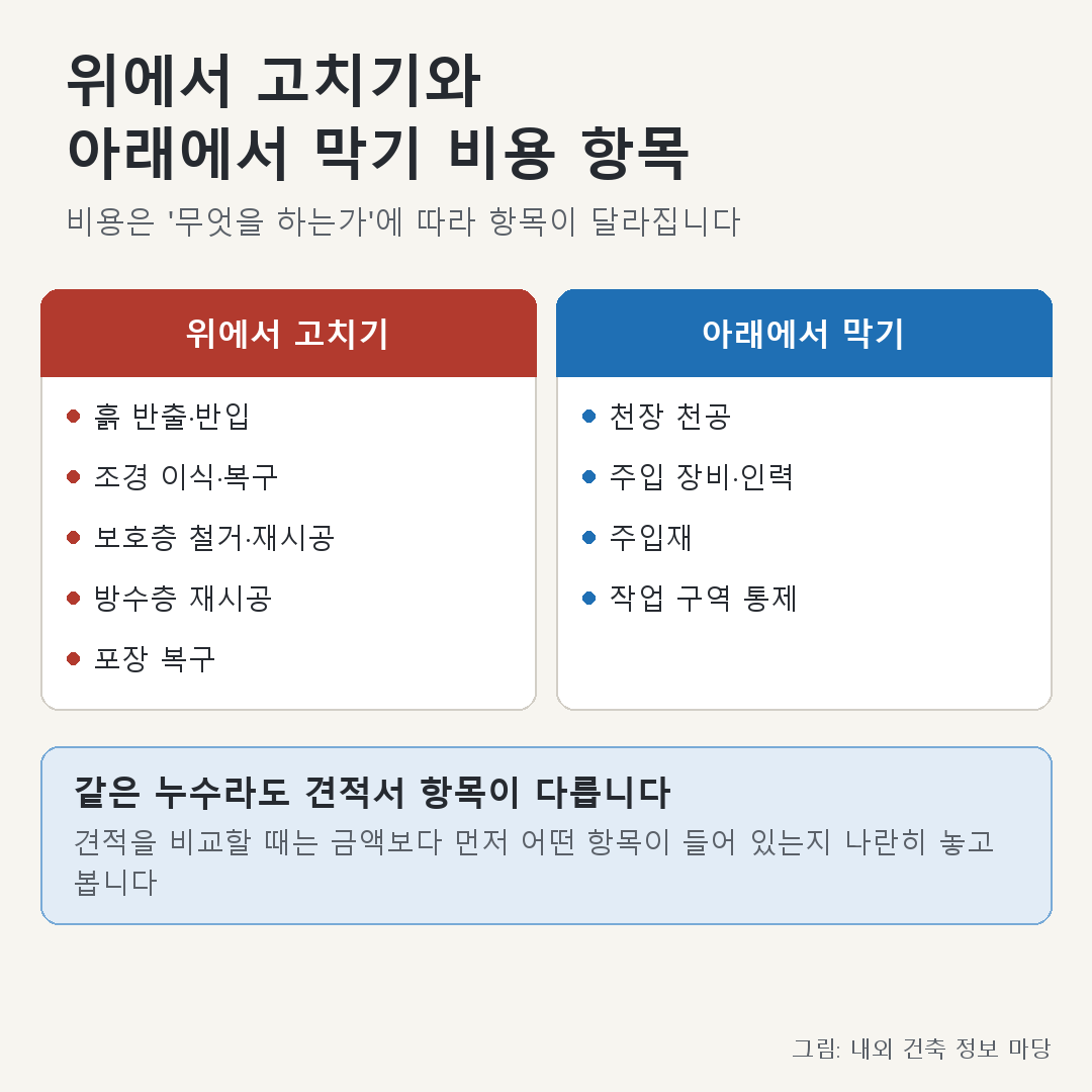 위에서 고치는 방법과 아래에서 고치는 방법의 비용 항목 비교 — 철거·복구 항목 vs 천장 작업 장비·인력